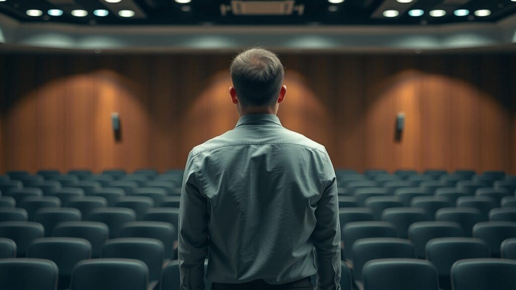 Anxious professional standing before an empty podium with nervous body posture in a dimly lit conference room - how to be confident at public speaking