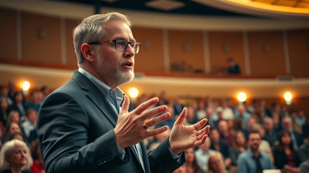 Confident speaker gesturing dynamically while addressing audience in a bright auditorium - confidence in public speaking